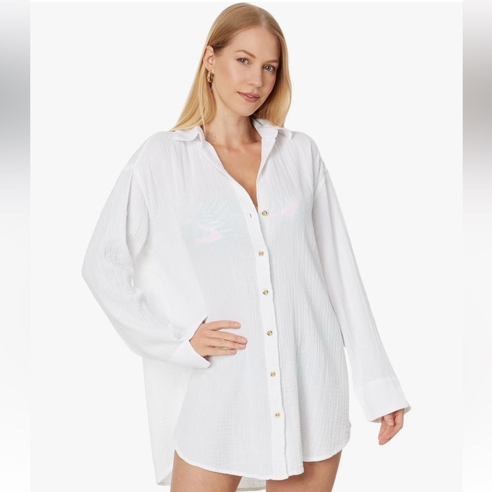 Lilly pulitzer White Button-Up Swim Cover-Up Sz M 100% cotton soft and classic